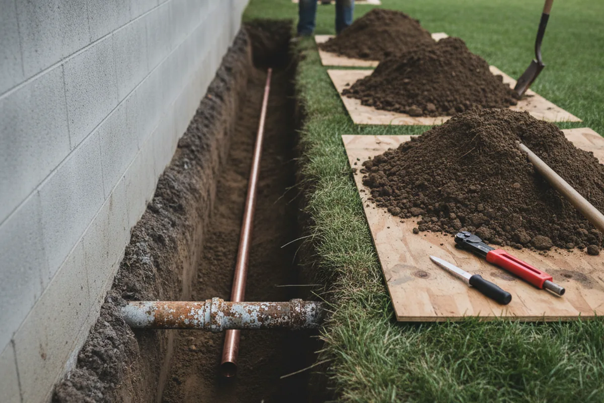 Excavated water line trench during Water Softener Installation in Jamaica Plain